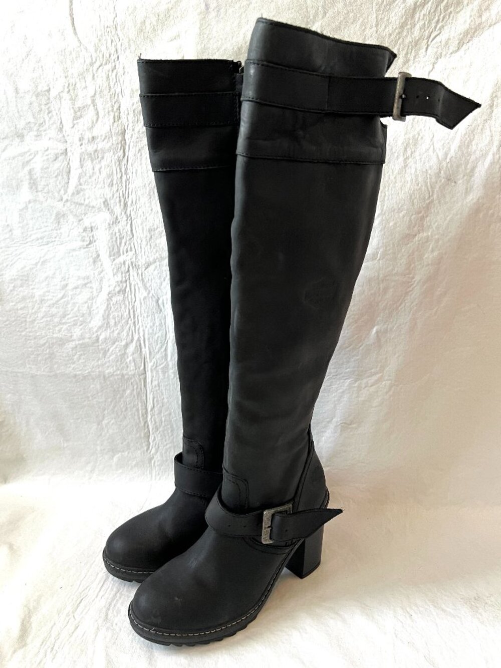 Harley Davidson boots Charlevoix 9.5 black leather knee high heeled buckle block